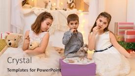  Presentation with play children - Beautiful PPT layouts featuring children-drink-tea-eat-cookies backdrop and a soft green colored foreground