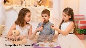  Presentation with play children - Cool new theme with children-drink-tea-eat-cookies backdrop and a coral colored foreground