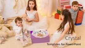  Presentation with play children - Beautiful presentation theme featuring children-drink-tea-eat-cookies backdrop and a lemonade colored foreground