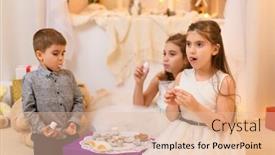  Presentation with play children - Amazing PPT theme having children-drink-tea-eat-cookies backdrop and a lemonade colored foreground