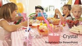  Presentation with children birthday - Audience pleasing slides consisting of children eating at birthday party backdrop and a lemonade colored foreground