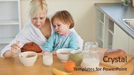  Presentation with breakfast children - Beautiful theme featuring children eating cereal - mother and cute daughter having backdrop and a  colored foreground