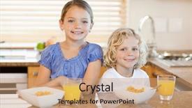  Presentation with safety in kitchen - Colorful slides enhanced with children eating cereal - smiling siblings with breakfast behind backdrop and a  colored foreground