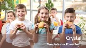  Presentation with school cafeteria - Slide set having service learning kids - children eating hamburgers in school background and a violet colored foreground
