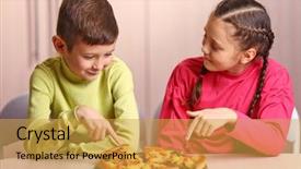  Presentation with children and healthy eating - Slides having children eating pizza at home background and a yellow colored foreground
