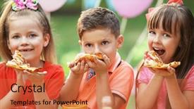  Presentation with children and healthy eating - Presentation design featuring children eating pizza in park background and a red colored foreground