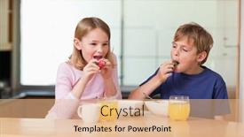  Presentation with breakfast children - Audience pleasing theme consisting of children eating strawberries for breakfast in a kitchen backdrop and a coral colored foreground