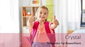  Presentation with children education - Presentation design having children education and learning concept - happy student girl with school bag showing thumbs up at home background and a coral colored foreground