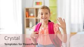  Presentation with children education - Cool new slide set with children education and learning concept - happy student girl with school bag waving hand at home backdrop and a lemonade colored foreground