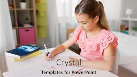  Presentation with children education - PPT layouts having children education and learning concept - student girl with book writing to notebook at home background and a coral colored foreground