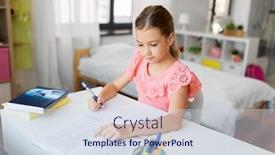  Presentation with children education - Slide deck with children education and learning concept - student girl with book writing to notebook at home background and a sky blue colored foreground