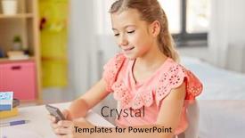  Presentation with education technology - Beautiful slides featuring children education and technology concept - happy student girl using smartphone at home backdrop and a coral colored foreground