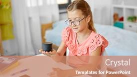  Presentation with children education - PPT theme enhanced with children education and technology concept - student girl using smart speaker at home background and a coral colored foreground