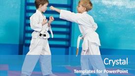  Presentation with elderly people exercise patient training - Colorful PPT theme enhanced with children exercising - two boys training karate kata backdrop and a teal colored foreground