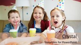  Presentation with children birthday - Cool new PPT layouts with children expressing happiness at birthday backdrop and a coral colored foreground