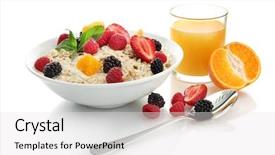  Presentation with juice - Theme featuring children food - tasty oatmeal with berries background and a white colored foreground