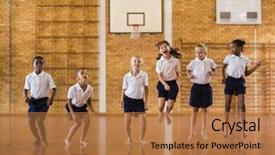  Presentation with racial group high school students - Cool new slides with children game - group of excited students jumping backdrop and a  colored foreground