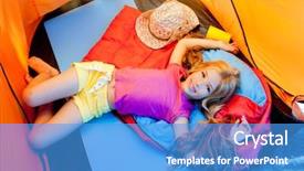  Presentation with camping - Theme consisting of children girl lying on camping tent floor in vacation background and a teal colored foreground