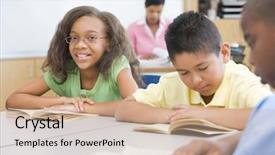  Presentation with pupils reading - Amazing presentation design having children glasses - group of pupils reading books backdrop and a  colored foreground