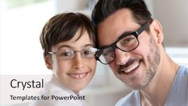  Presentation with big boy - PPT theme having children glasses - portrait of young boy background and a coral colored foreground