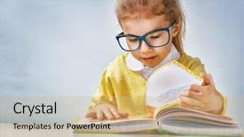  Presentation with child girl reading a book - PPT theme featuring children glasses - small beautiful child reading background and a coral colored foreground