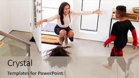  Presentation with working mother - Presentation design featuring children greeting and hugging working background and a mint green colored foreground