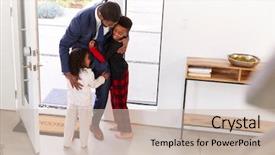  Presentation with children - Cool new PPT theme with businessman father as he return backdrop and a soft green colored foreground