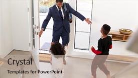  Presentation with father teaching children - Amazing presentation design having children greeting and hugging working backdrop and a mint green colored foreground