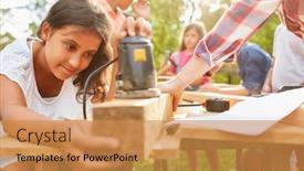  Presentation with children teamwork - Slide set featuring children-grinding-wood-in-teamwork background and a gold colored foreground