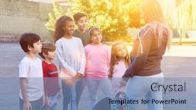  Presentation with sports children - Cool new PPT theme with children-group-as-a-team backdrop and a teal colored foreground