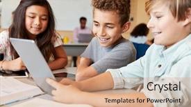  Presentation with elementary school - Slides having elementary school boys using tablet background and a coral colored foreground