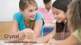  Presentation with school elementary - Slide set consisting of three elementary school pupils talking background and a coral colored foreground