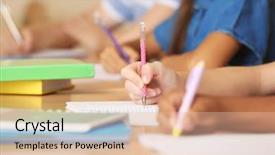  Presentation with children hands - Presentation theme featuring children hands writing in copybooks background and a lemonade colored foreground