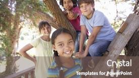  Presentation with diverse group of children reading - Presentation design consisting of children hanging out in treehouse background and a violet colored foreground