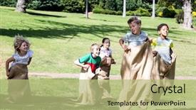  Presentation with race - Audience pleasing presentation design consisting of children having a sack race backdrop and a mint green colored foreground