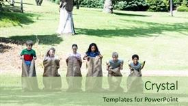  Presentation with race - Colorful PPT layouts enhanced with children having a sack race backdrop and a soft green colored foreground