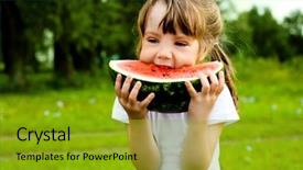  Presentation with healthy eating - Presentation featuring children healthy food - cute little girl eating watermelon background and a gold colored foreground