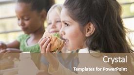  Presentation with lunch - Slides featuring children healthy food - students outdoors eating lunch selective background and a coral colored foreground