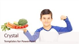  Presentation with white plate - Cool new PPT theme with children healthy food - young boy holding plate full backdrop and a sky blue colored foreground