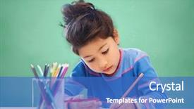  Presentation with hobby children - Slides enhanced with children hobby childhood and happy people concept - little girl drawing over green chalk board background background and a teal colored foreground