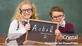  Presentation with equation - Audience pleasing PPT theme consisting of children holding blackboard with math backdrop and a tawny brown colored foreground