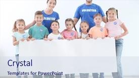  Presentation with community service happy volunteer group - PPT layouts featuring children holding blank poster background and a sky blue colored foreground