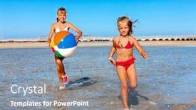  Presentation with children running - PPT theme having children holding colored beach ball and running on water background and a gray colored foreground