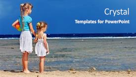  Presentation with children hands - PPT theme featuring children holding hands walking on the beach rear view background and a teal colored foreground