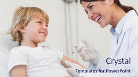  Presentation with child healthcare - PPT theme consisting of children hospital ward - child receiving an injection background and a sky blue colored foreground