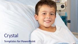 Presentation with hospital bed - PPT theme enhanced with children hospitals - boy relaxing in hospital bed background and a sky blue colored foreground