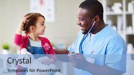  Presentation with children hospitals - PPT theme featuring children hospitals - happy male doctor communicating background and a light blue colored foreground