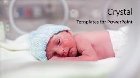  Presentation with incubator baby - PPT theme enhanced with children hospitals - newborn baby boy covered background and a light gray colored foreground