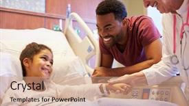  Presentation with hospital bed - Amazing PPT theme having children hospitals - pediatrician visiting father and child backdrop and a coral colored foreground
