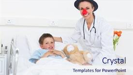  Presentation with female doctor - Presentation theme featuring children hospitals - portrait of happy female doctor background and a sky blue colored foreground